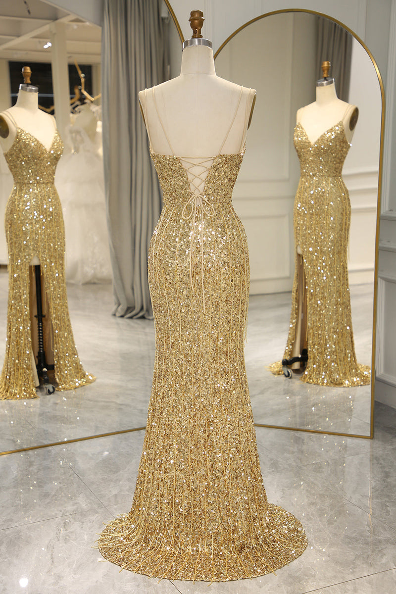 Load image into Gallery viewer, Sparkly Golden Mermaid Backless Long Formal Dress With Slit