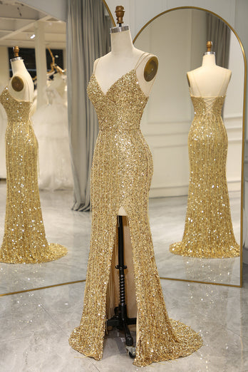 Sparkly Golden Mermaid Backless Long Formal Dress With Slit