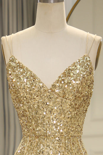 Sparkly Golden Mermaid Backless Long Formal Dress With Slit