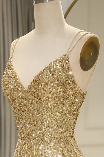 Sparkly Golden Mermaid Backless Long Formal Dress With Slit