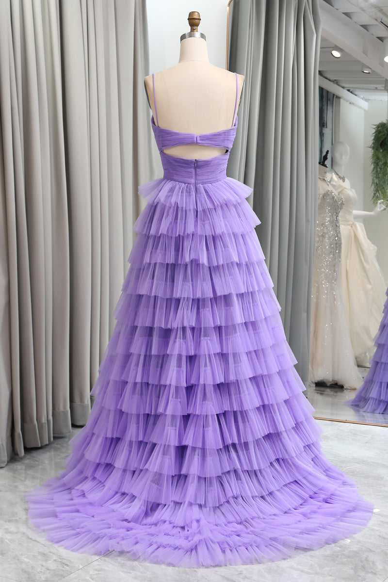 Load image into Gallery viewer, Purple Tulle A Line Tiered Long Formal Dress With Front Slit