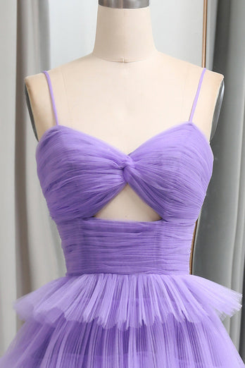 Purple Tulle A Line Tiered Long Formal Dress With Front Slit