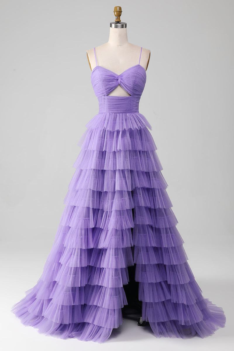 Load image into Gallery viewer, Purple Tulle A-Line Tiered Long Formal Dress with Slit