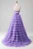 Load image into Gallery viewer, Purple Tulle A-Line Tiered Long Formal Dress with Slit