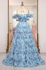 Load image into Gallery viewer, Blue A Line Strapless Long Tiered Formal Dress With Feathers