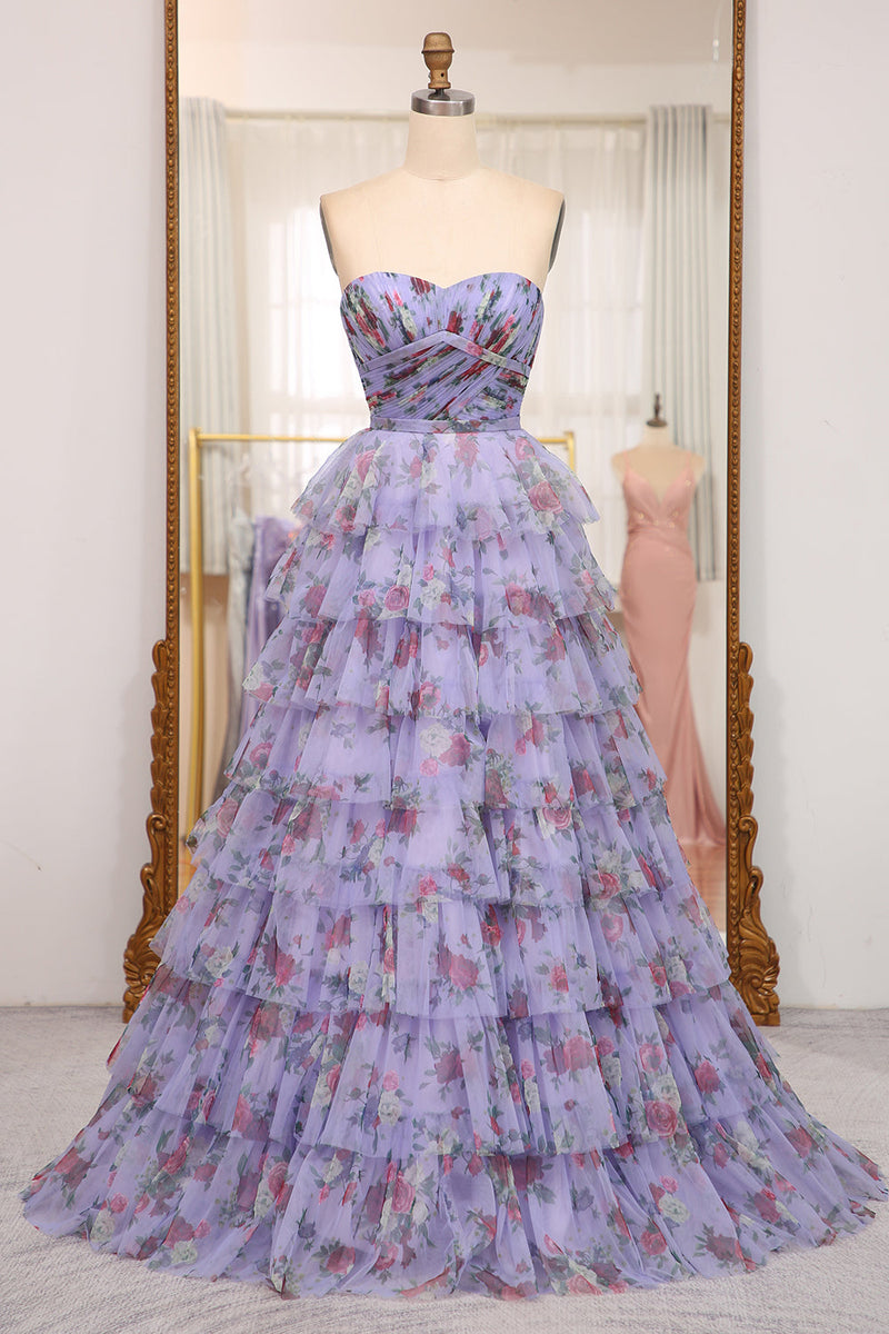 Load image into Gallery viewer, Lavender A Line Strapless Long Tiered Formal Dress With Feathers