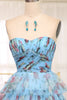 Load image into Gallery viewer, Blue A Line Strapless Long Tiered Formal Dress With Feathers