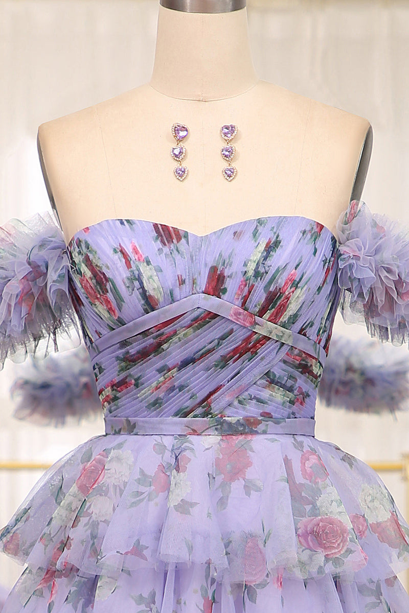 Load image into Gallery viewer, Lavender A Line Strapless Long Tiered Formal Dress With Feathers