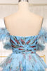 Load image into Gallery viewer, Blue A Line Strapless Long Tiered Formal Dress With Feathers