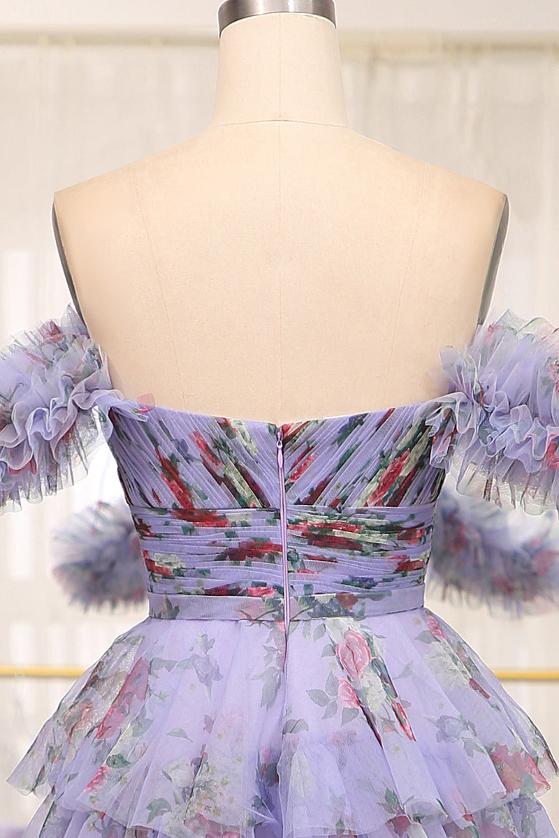 Load image into Gallery viewer, Lavender A Line Strapless Long Tiered Formal Dress With Feathers