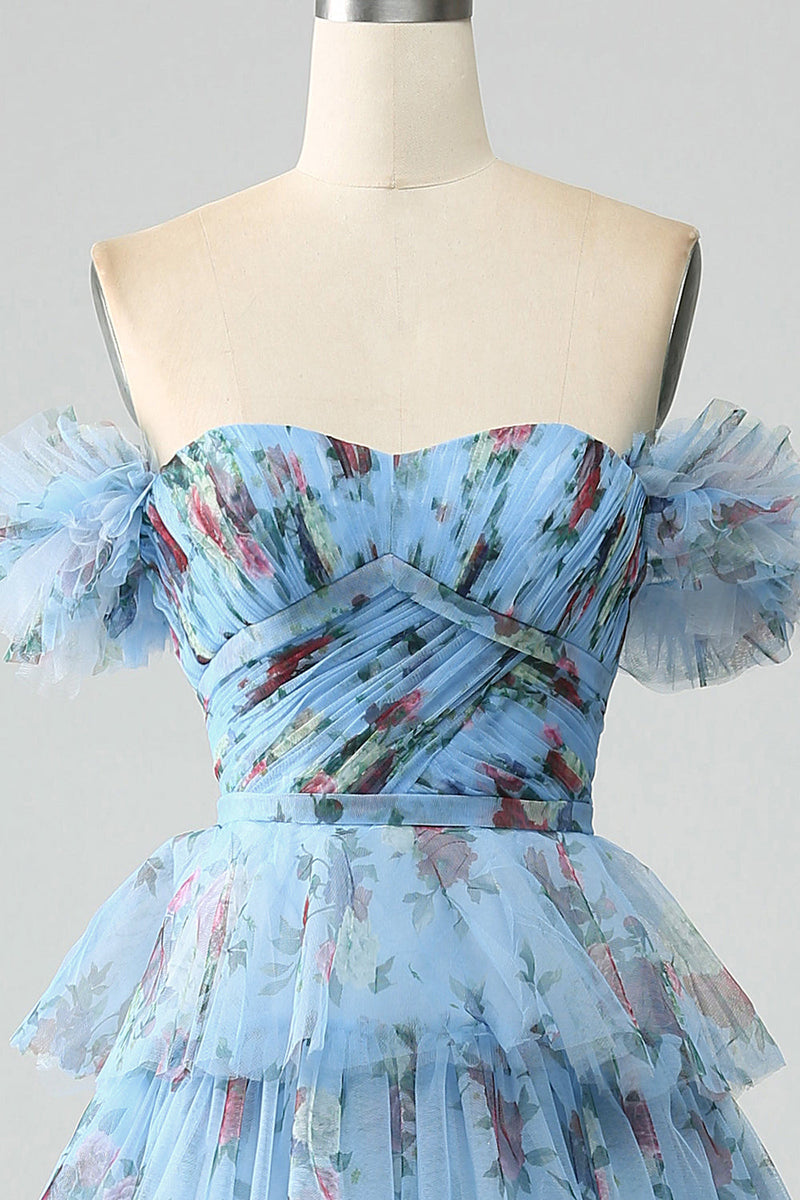 Load image into Gallery viewer, Off the Shoulder Floral Printed Tiered Formal Dress with Pleated