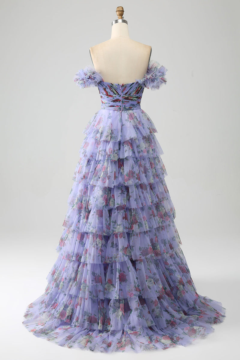 Load image into Gallery viewer, Off the Shoulder Floral Printed Tiered Formal Dress with Pleated