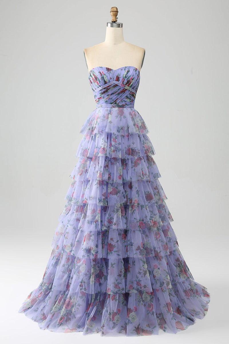 Load image into Gallery viewer, Off the Shoulder Floral Printed Tiered Formal Dress with Pleated