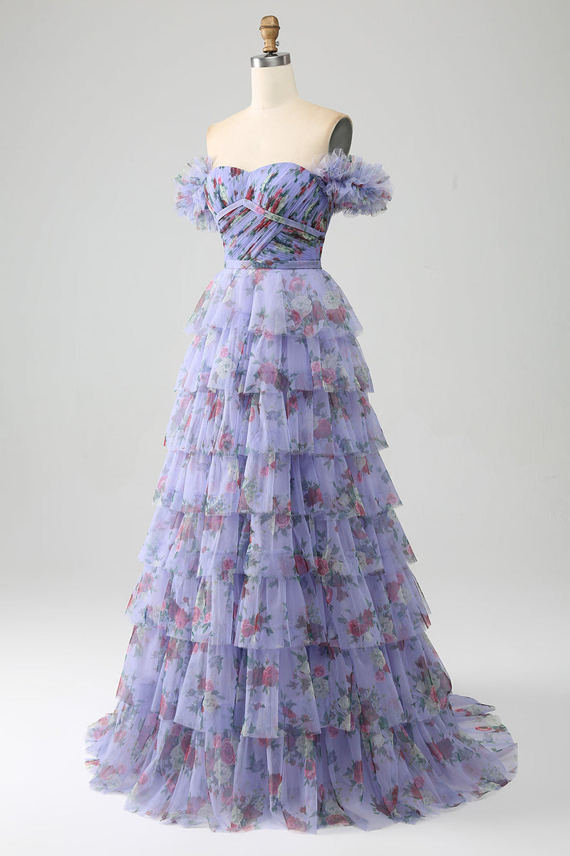 Load image into Gallery viewer, Off the Shoulder Floral Printed Tiered Formal Dress with Pleated