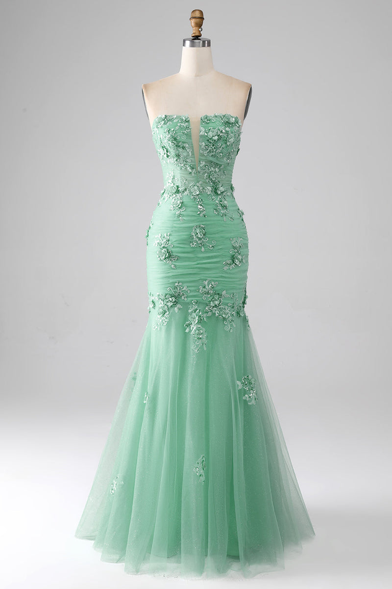 Load image into Gallery viewer, Green Mermaid Strapless Tulle Long Formal Dress with Appliques