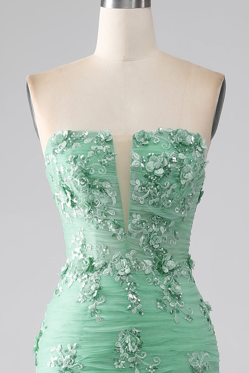 Load image into Gallery viewer, Green Mermaid Strapless Tulle Long Formal Dress with Appliques