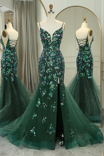 Sparkly Dark Green Mermaid Long Appliqued Formal Dress With Slit