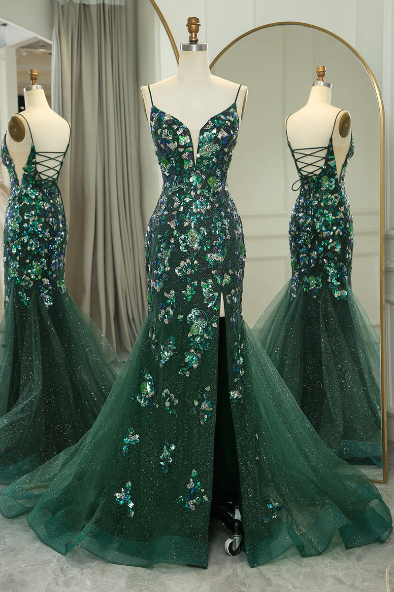 Load image into Gallery viewer, Sparkly Dark Green Mermaid Long Appliqued Formal Dress With Slit