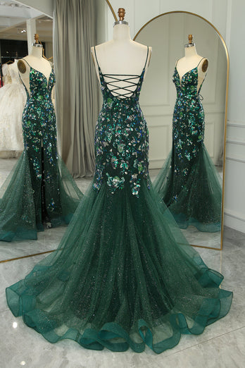 Sparkly Dark Green Mermaid Long Appliqued Formal Dress With Slit