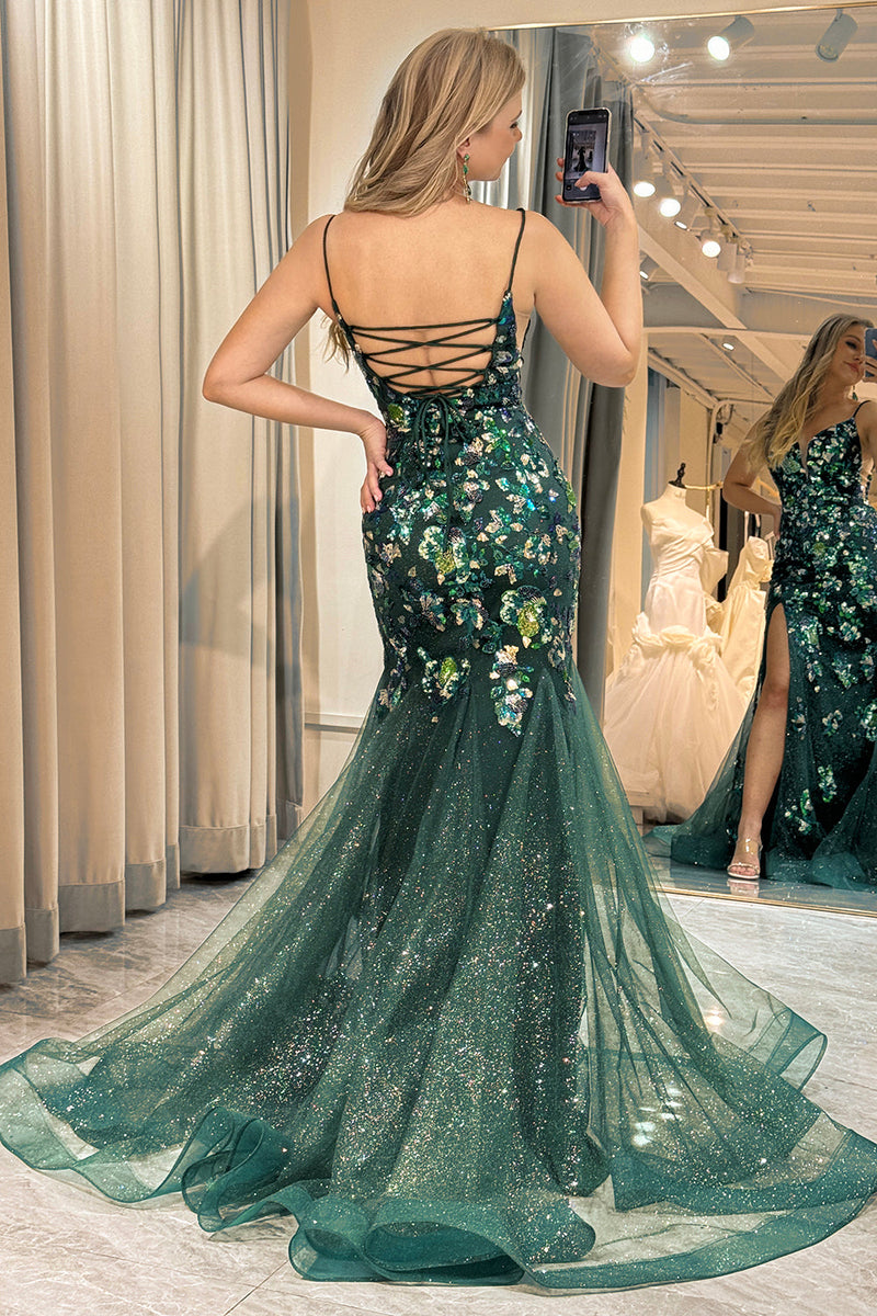 Load image into Gallery viewer, Sparkly Dark Green Mermaid Long Appliqued Formal Dress With Slit