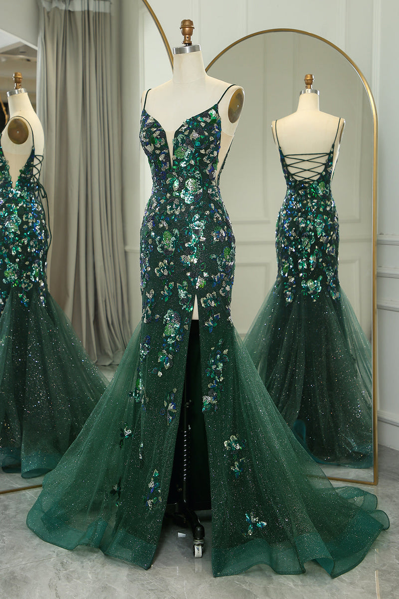 Load image into Gallery viewer, Sparkly Dark Green Mermaid Long Appliqued Formal Dress With Slit