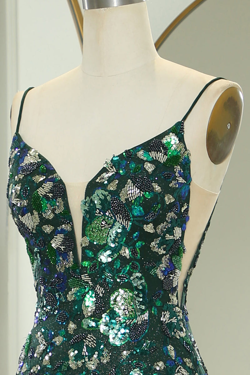 Load image into Gallery viewer, Sparkly Dark Green Mermaid Long Appliqued Formal Dress With Slit