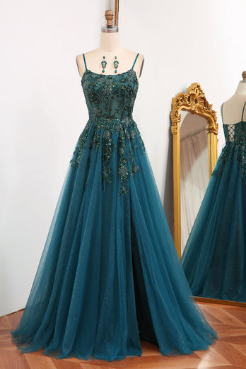 Dark Green A Line Tulle Long Appliqued Formal Dress With Slit