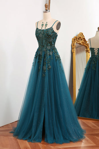 Dark Green A Line Tulle Long Appliqued Formal Dress With Slit