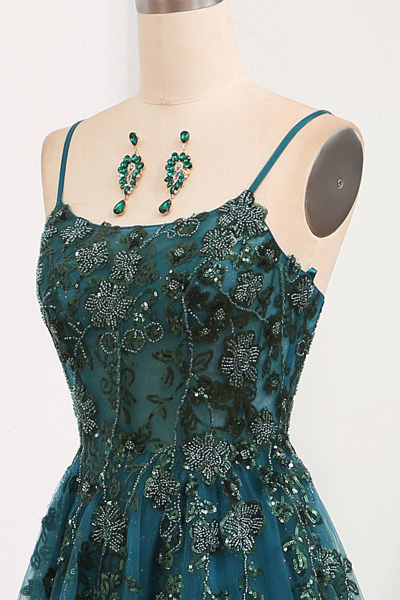 Load image into Gallery viewer, Dark Green A Line Tulle Long Appliqued Formal Dress With Slit