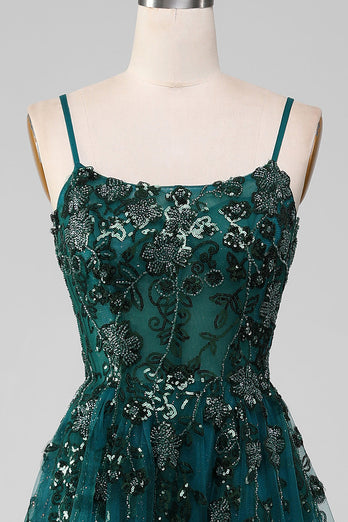 Dark Green Spaghetti Straps A Line Prom Dress with Slit