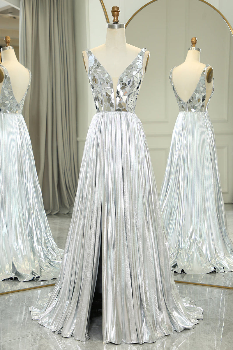 Load image into Gallery viewer, Glitter Silver Backless Long Mirror Formal Dress