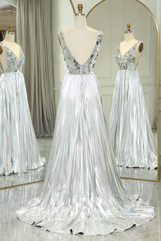 Glitter Silver Backless Long Mirror Formal Dress