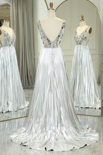 Glitter Silver Backless Long Mirror Formal Dress