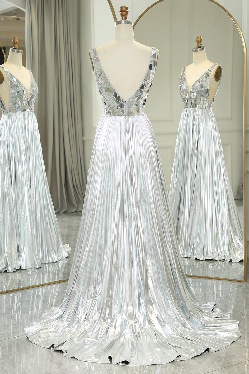 Load image into Gallery viewer, Glitter Silver Backless Long Mirror Formal Dress