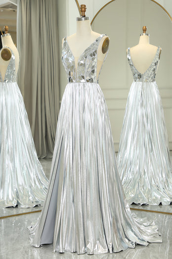 Glitter Silver Backless Long Mirror Formal Dress