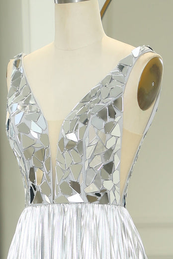 Glitter Silver Backless Long Mirror Formal Dress