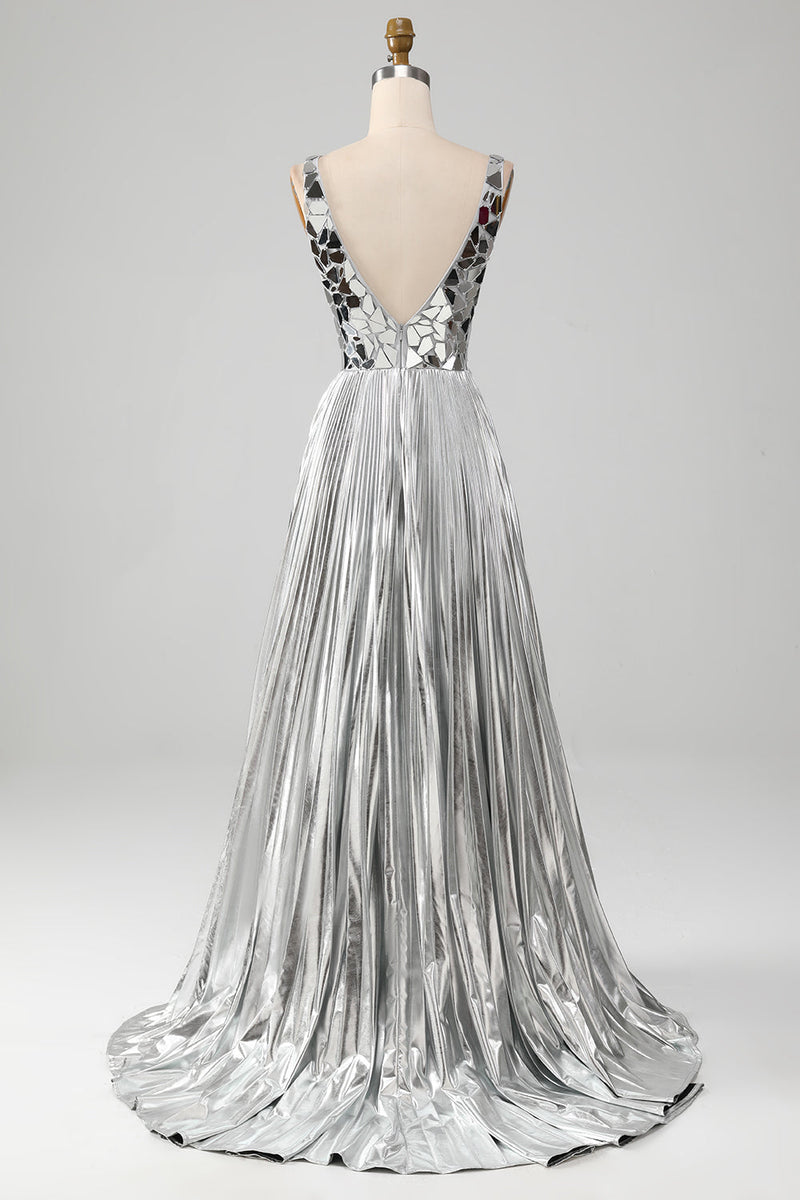 Load image into Gallery viewer, Sparkly A-Line V-Neck Silver Formal Dress with Slit