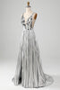 Load image into Gallery viewer, Sparkly A-Line V-Neck Silver Formal Dress with Slit