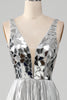 Load image into Gallery viewer, Sparkly A-Line V-Neck Silver Formal Dress with Slit