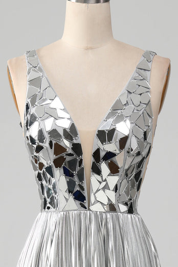 Sparkly A-Line V-Neck Silver Formal Dress with Slit