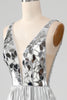 Load image into Gallery viewer, Sparkly A-Line V-Neck Silver Formal Dress with Slit