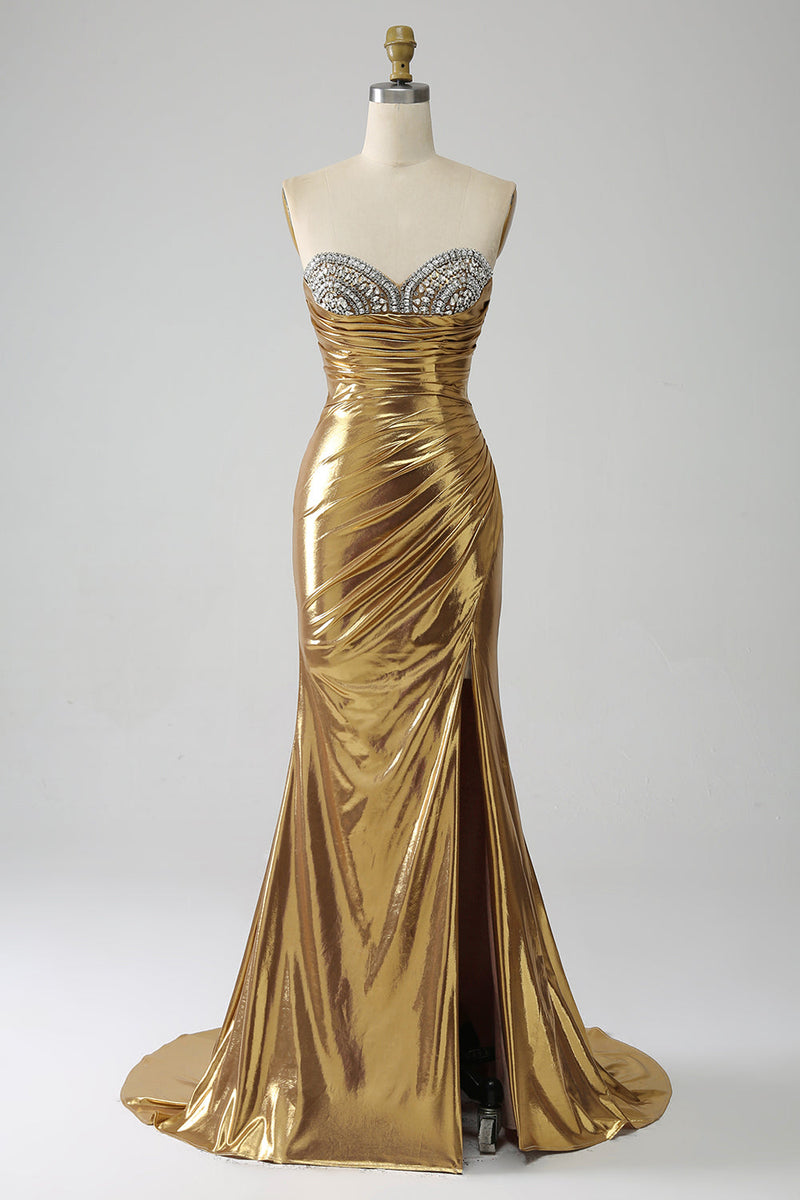 Load image into Gallery viewer, Golden Mermaid Strapless Long Formal Dress with Slit