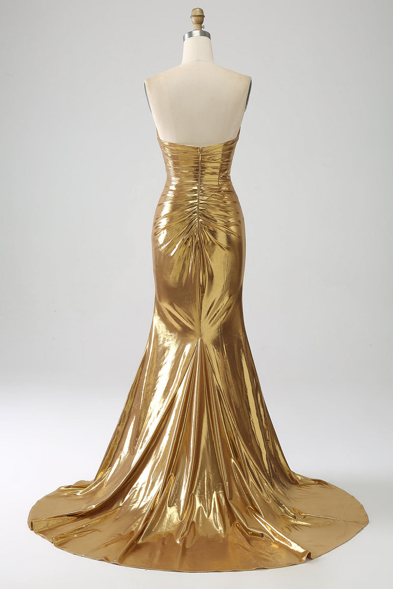 Load image into Gallery viewer, Golden Mermaid Strapless Long Formal Dress with Slit