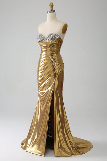 Golden Mermaid Strapless Long Formal Dress with Slit