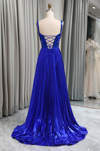 Glitter Royal Blue A Line Long Mirror Formal Dress With Slit