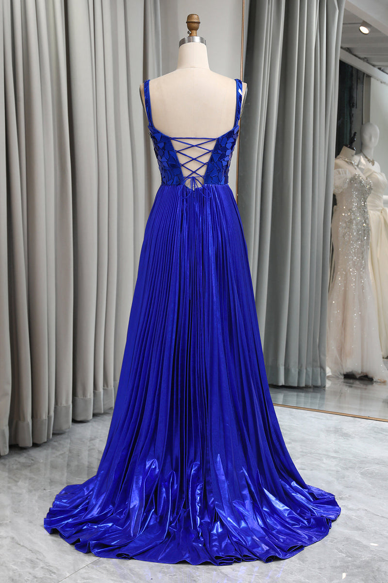 Load image into Gallery viewer, Glitter Royal Blue A Line Long Mirror Formal Dress With Slit