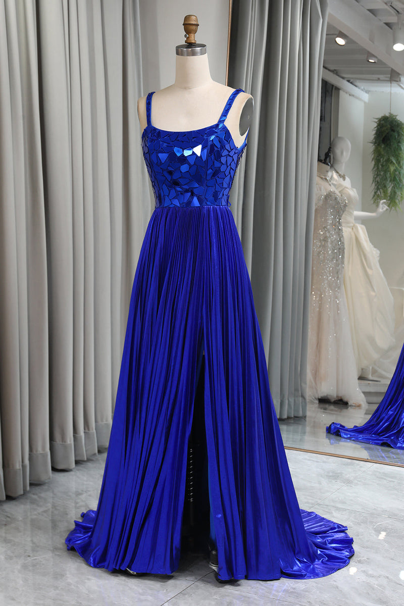 Load image into Gallery viewer, Glitter Royal Blue A Line Long Mirror Formal Dress With Slit