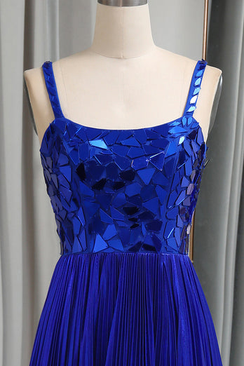 Glitter Royal Blue A Line Long Mirror Formal Dress With Slit