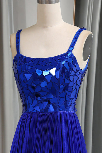 Glitter Royal Blue A Line Long Mirror Formal Dress With Slit