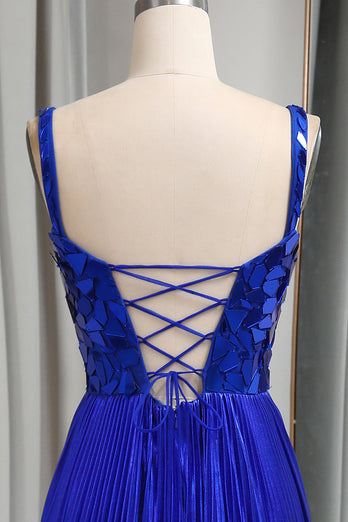 Glitter Royal Blue A Line Long Mirror Formal Dress With Slit